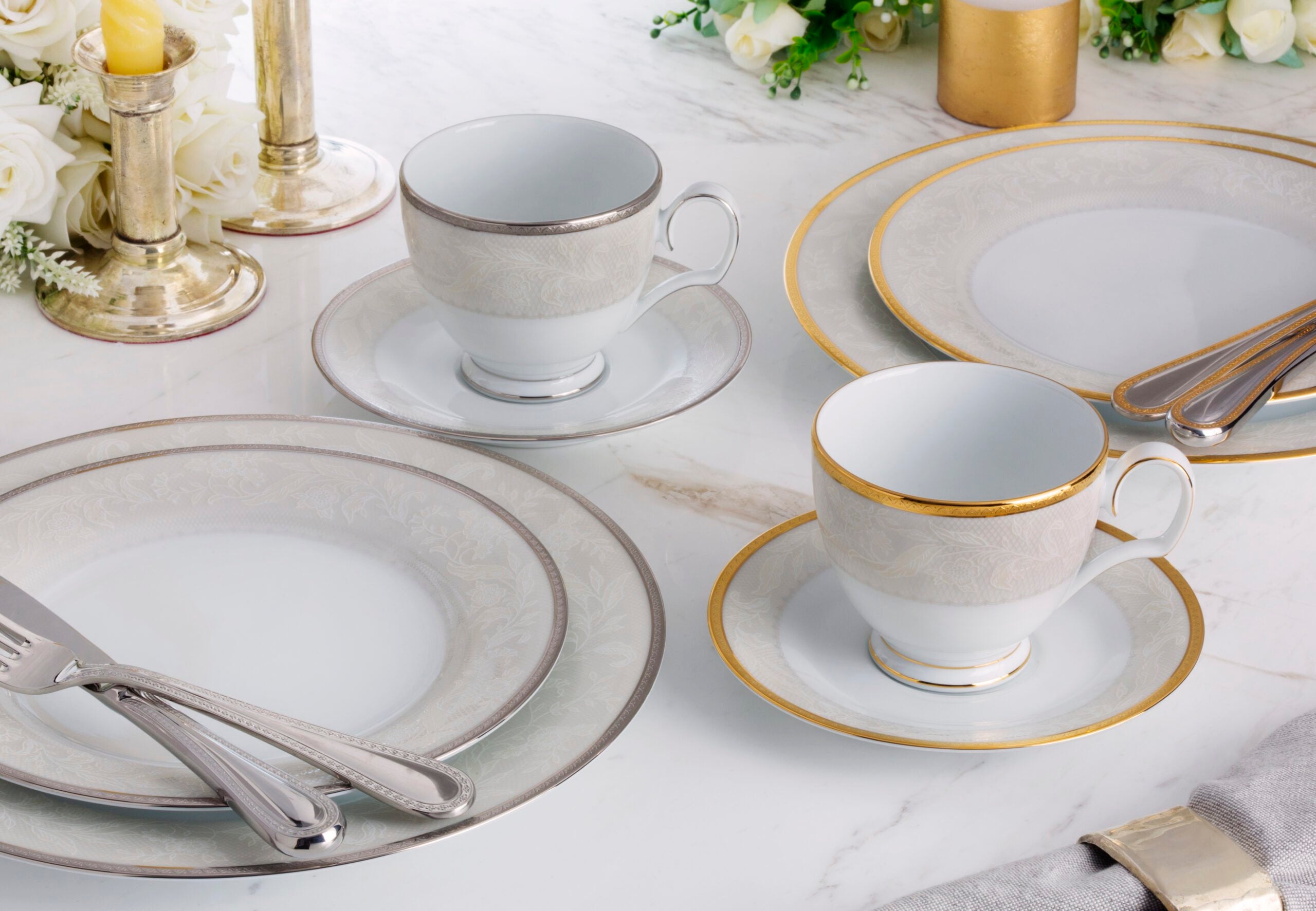 Noritake 96Pcs Dinner & Tea Set for 12 Person - Flanders Gold