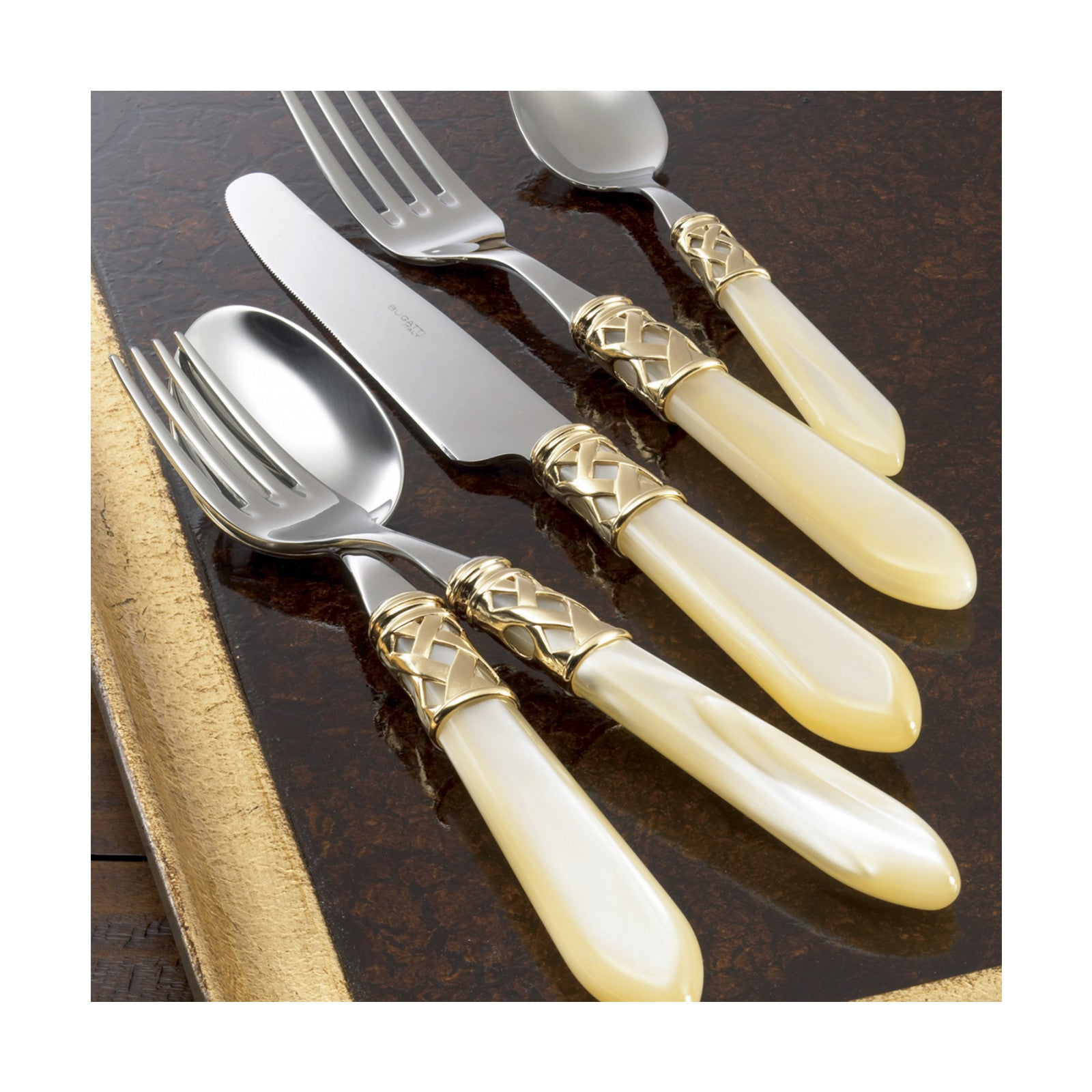 Bugatti - Serving Fork & Spoon Set - 18/10 - Gold Ivory Handle