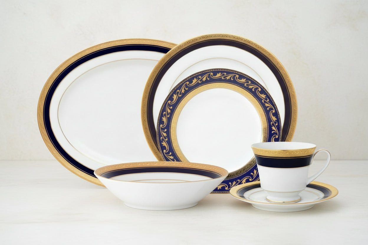 Noritake 33Pcs Dinner Set with Teapot for 6 Person - Crestwood Cobalt Gold