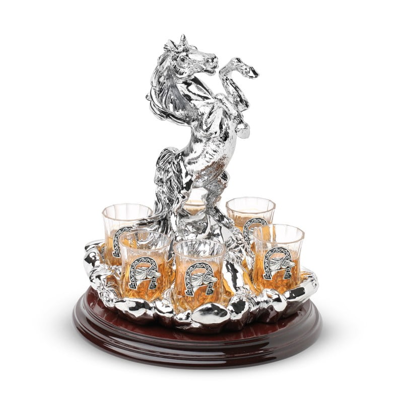 Chinelli Horseshoe 2014 - Decorative 6 Vodka Glasses With Wooden Base - Rearing Horse