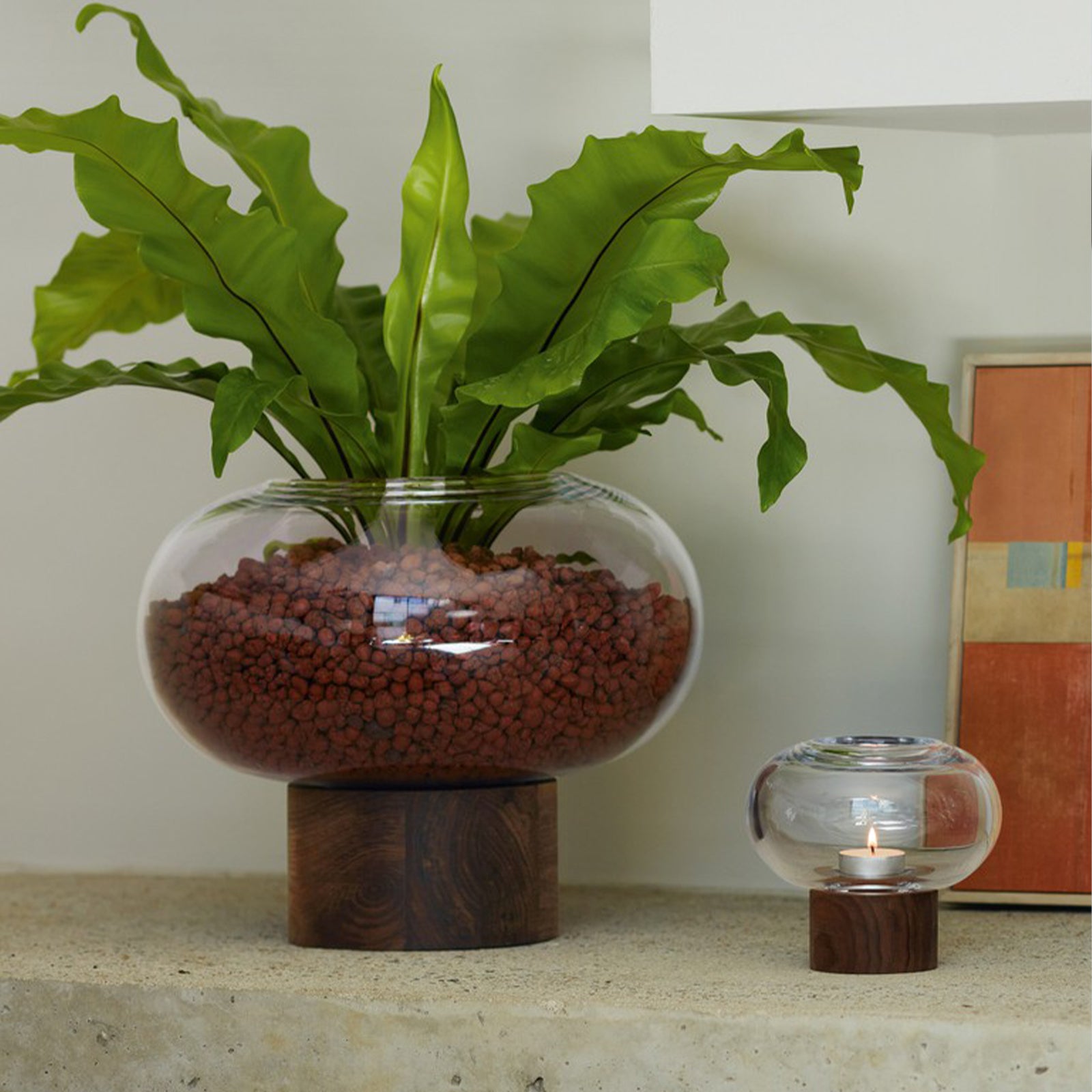 Oblate Vase/Lantern H28cm/Ø35cm Clear/Walnut