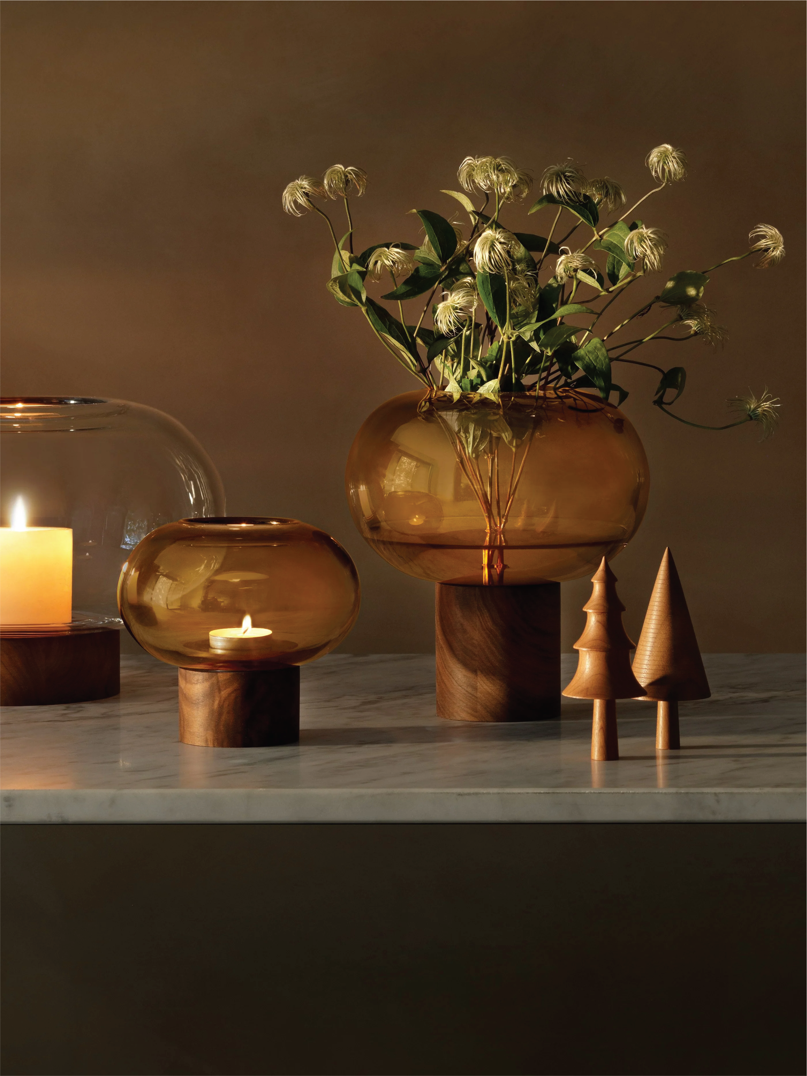 Oblate Vase/Lantern H19.5cm/Ø28cm Amber/Walnut *