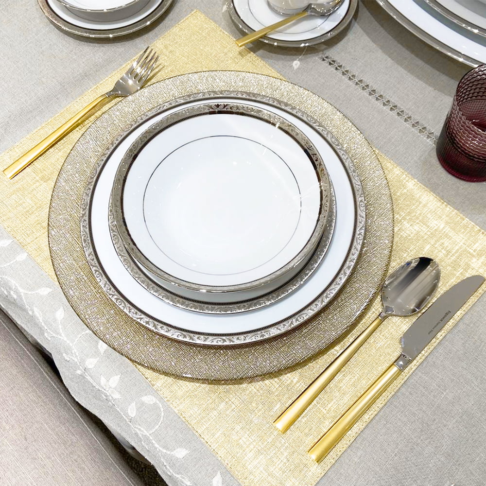 CHARGER PLATE 33 CM ROUND - G011 SILVER GLITTER &amp; M0107 CHAMPAGNE GOLD